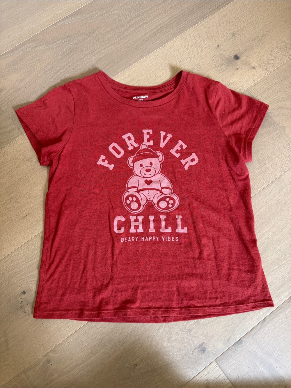 Old Navy Brick Red  Kids Short-Sleeve Tee with Teddy Bear Forever Chill-EUC